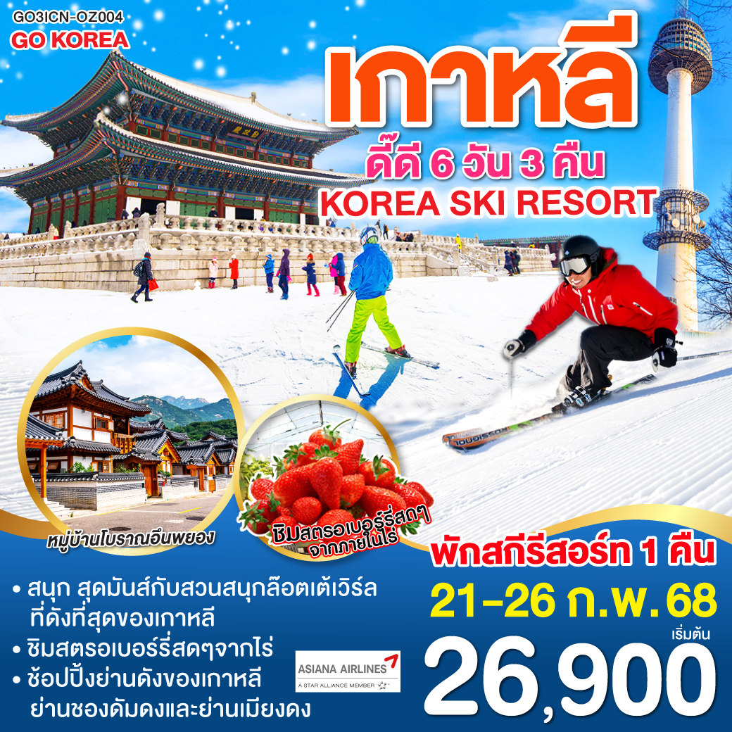 พักค้างคืนสกีรีสอร์ท 1 คืน | ไร่สตรอเบอร์รี่ | สวนสนุกล๊อตเต้เวิร์ล | ถนนชองดัมดง | หมู่บ้านโบราณอึนพยอง | พระราชวังชางด๊อกกุง | ย่านเมียงดง | เอ็นโซลทาวเวอร์ | ตลาดโบราณควางจัง
